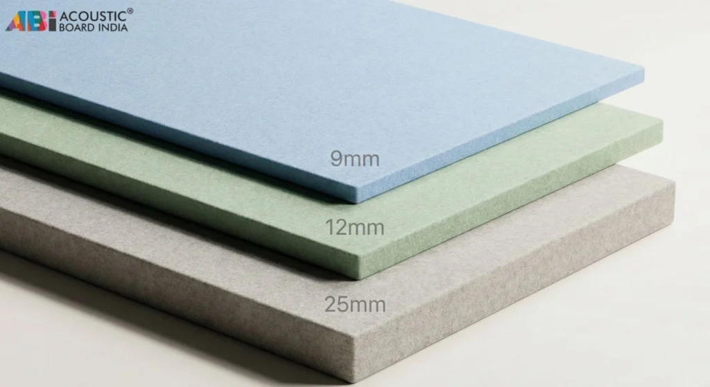PET acoustic panels showing thickness 9mm 12mm and 25mm