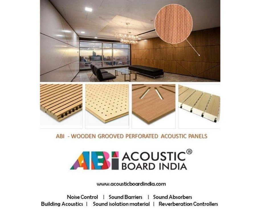 Wooden grooved acoustical slats 2026 by Acoustic Board India for wall and ceiling sound absorption and interior design