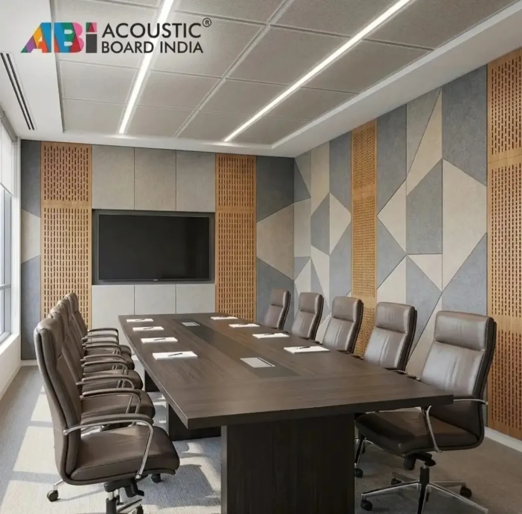 Customized acoustic panels installed in a conference room and boardroom for improved speech clarity and noise reduction