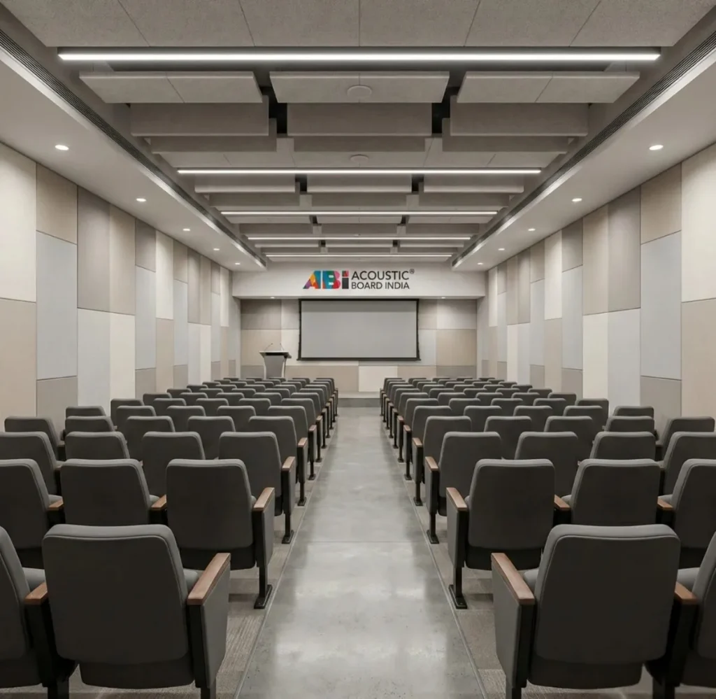Corporate seminar hall with auditorium chairs facing presentation screen and PET acoustic panels on walls