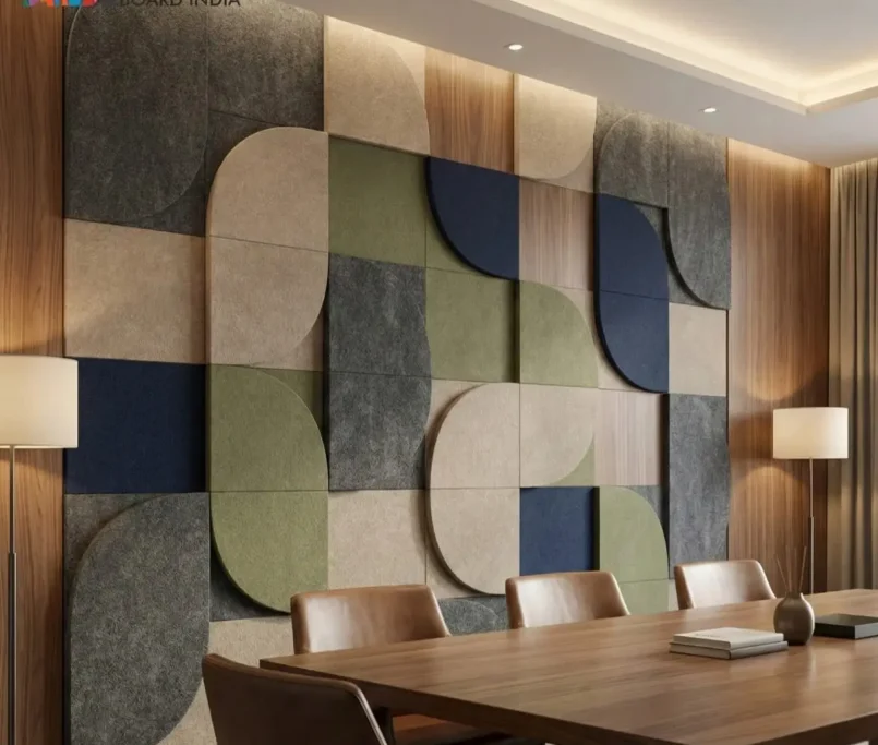 PET acoustic panels with geometric design installed on office wall for sound absorption