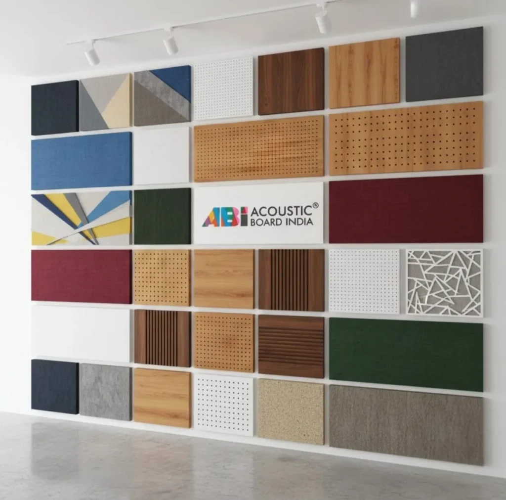 Types of customized acoustic panels including PET, wooden perforated, grooved, fabric, and wood wool panels