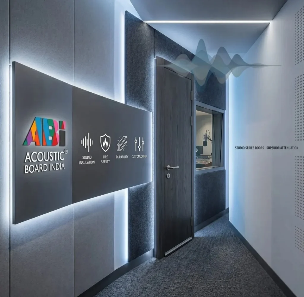 High performance acoustic door with soundproofing, fire-rated safety and noise sealing installed in modern studio interior