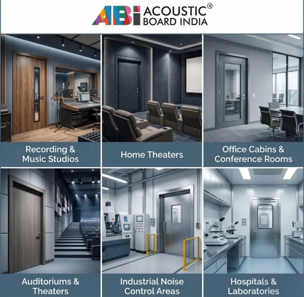 Applications of acoustic doors in recording studios home theaters office conference rooms auditoriums industrial areas and hospitals