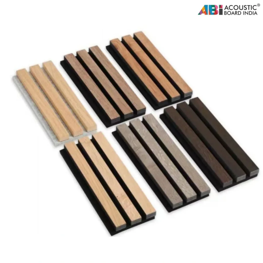 Acoustic louver panels with modern slat design providing sound absorption and eco friendly PET material for interior walls