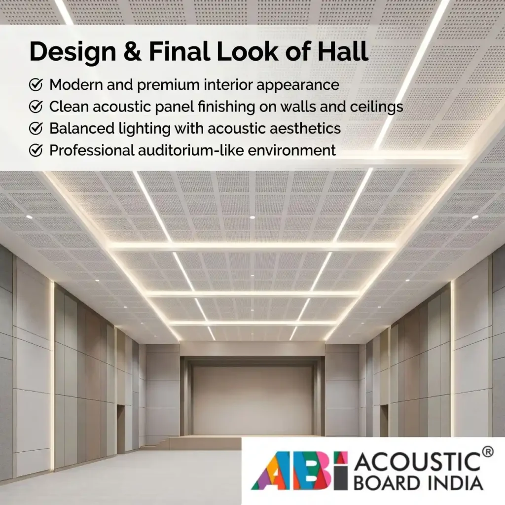 Modern auditorium hall with white calcium silicate perforated ceiling panels and fabric acoustic wall panels for sound treatment