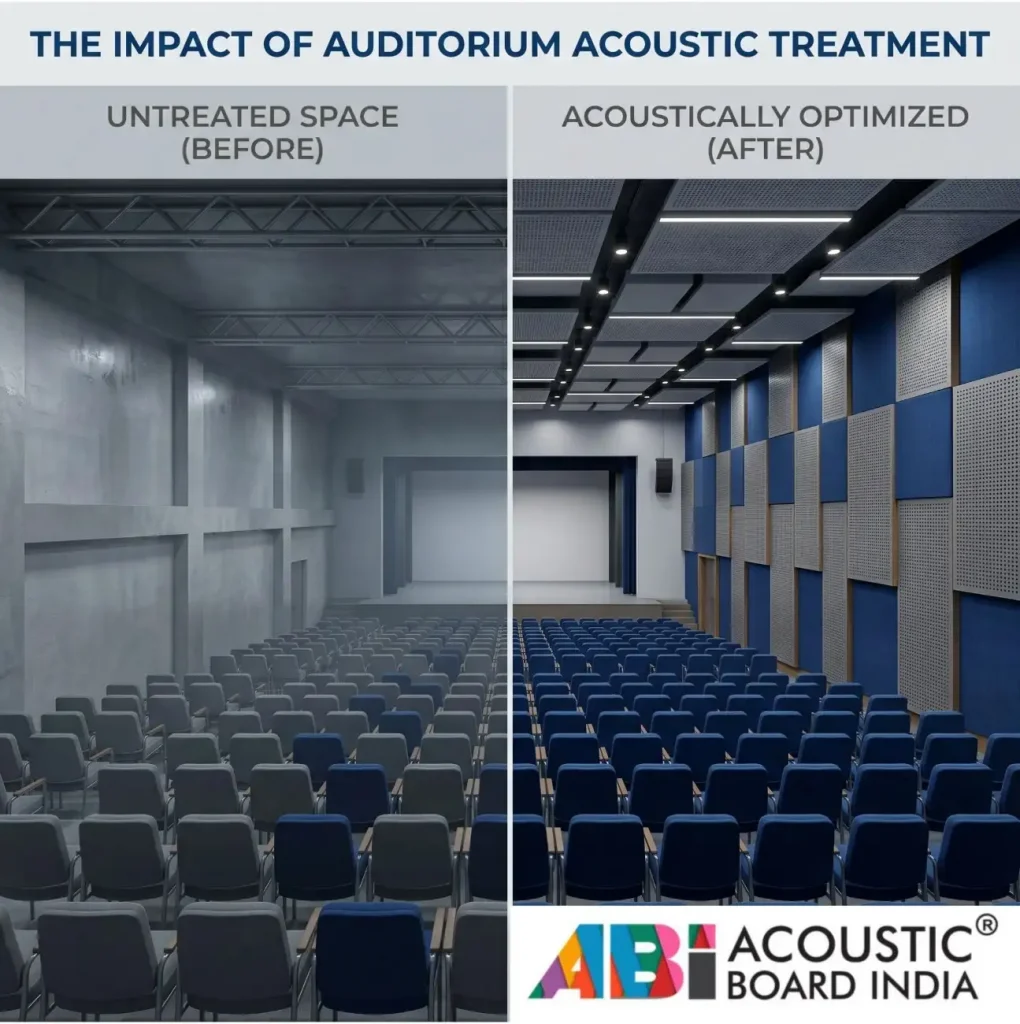 auditorium acoustic treatment before and after comparison showing echo reduction improved sound clarity and acoustic panels installation
