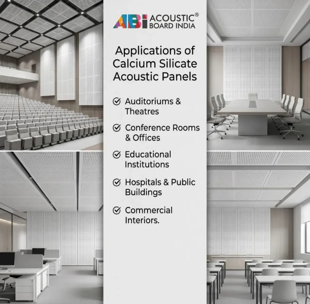 calcium silicate acoustic panels installed in auditorium, office, hospital, and classroom interiors for sound absorption