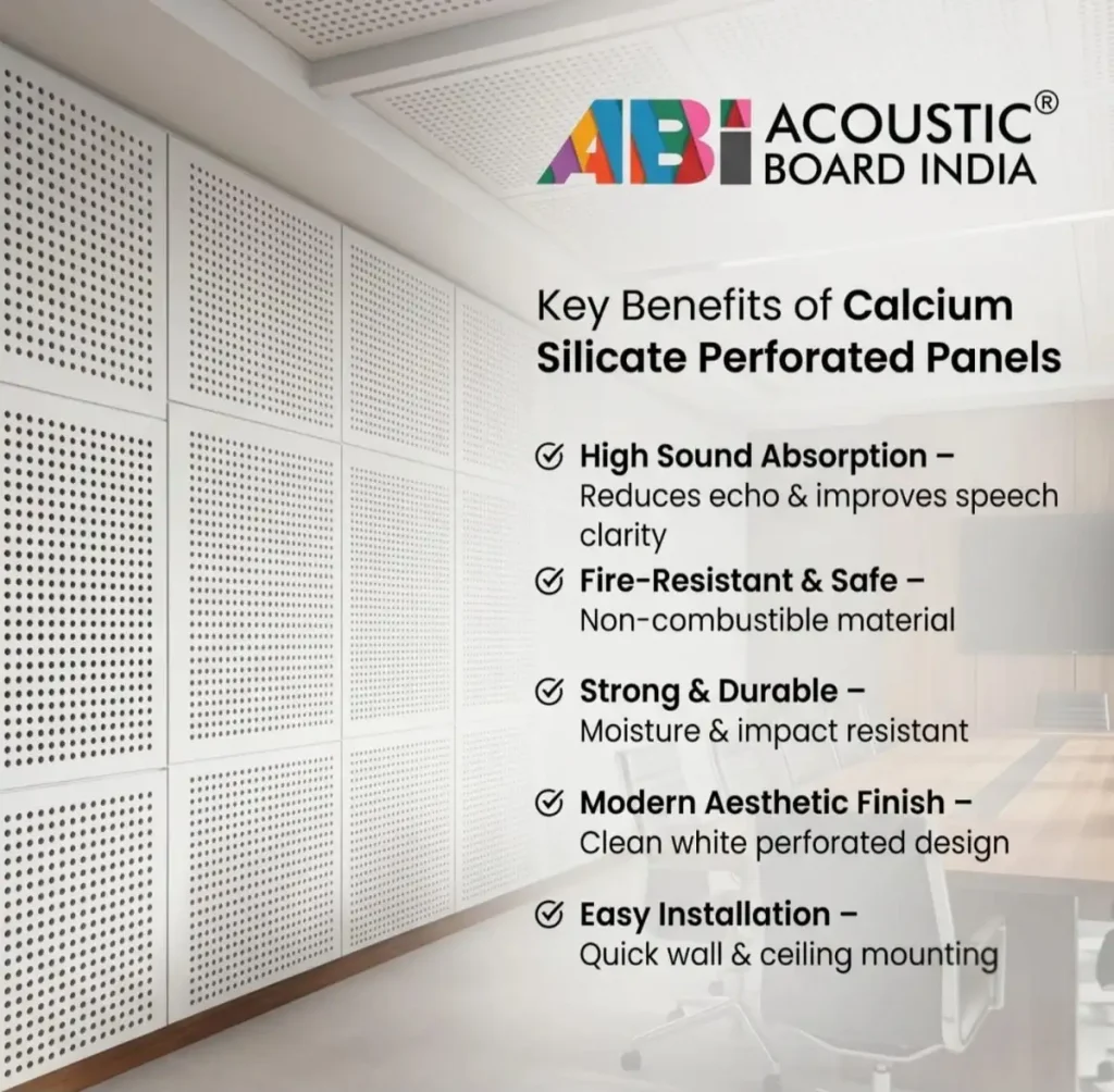White calcium silicate perforated panels installed on ceiling and wall for acoustic sound absorption in modern office interior