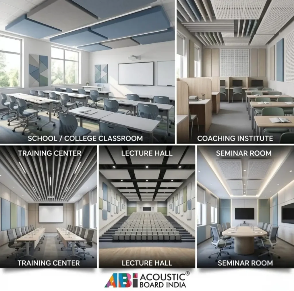 applications of classroom acoustic solutions in schools colleges coaching institutes lecture halls and seminar rooms with acoustic panels