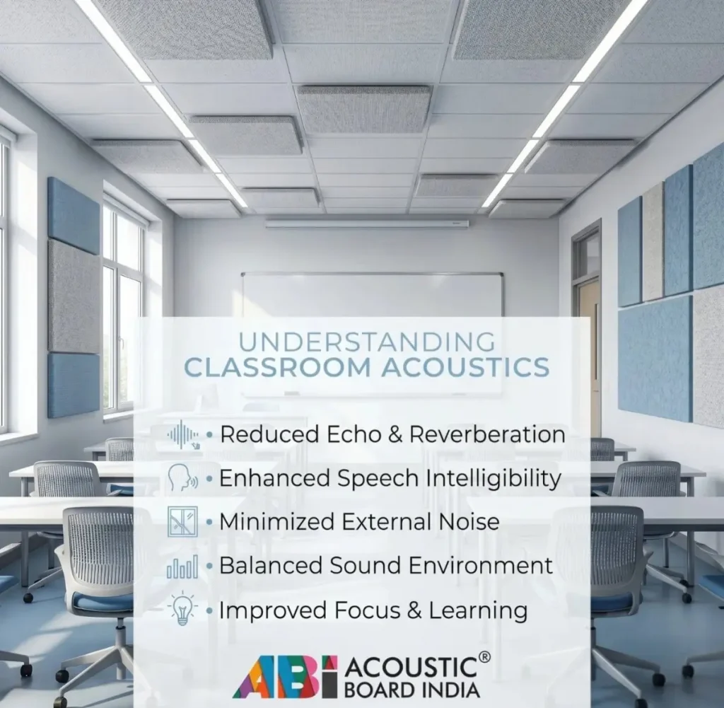 real classroom acoustic treatment with wall and ceiling panels improving speech clarity reducing echo and background noise