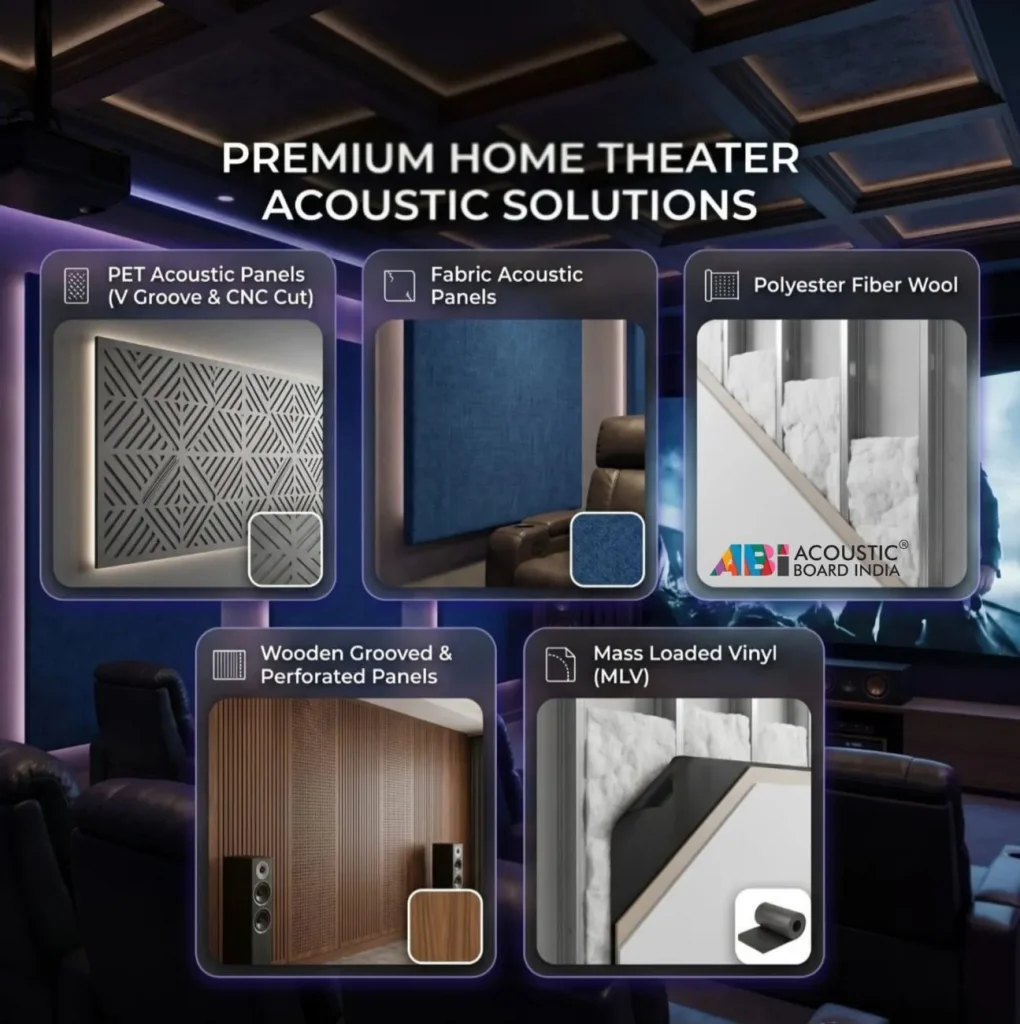 acoustic products used in home theater including PET panels fabric panels polyester wool wooden panels and MLV for soundproofing