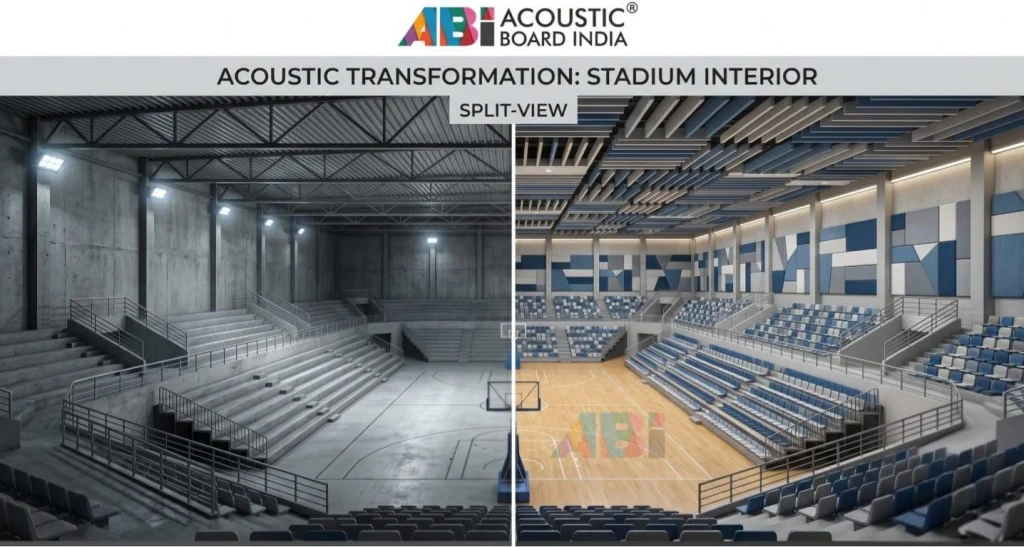 Indoor stadium acoustic treatment comparison showing soundproofing panels improving sound clarity and reducing echo
