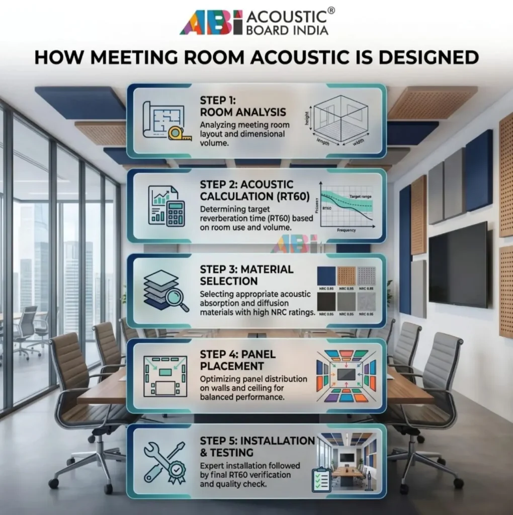 meeting room acoustic design process showing room analysis RT60 calculation material selection panel placement and installation in office