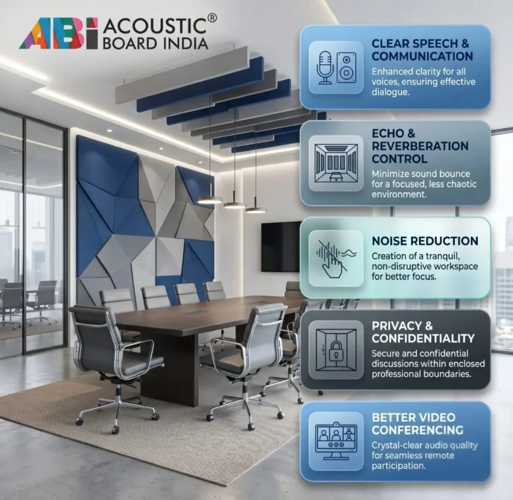 meeting room acoustic treatment benefits including soundproofing echo control noise reduction and better video conferencing in office conference room