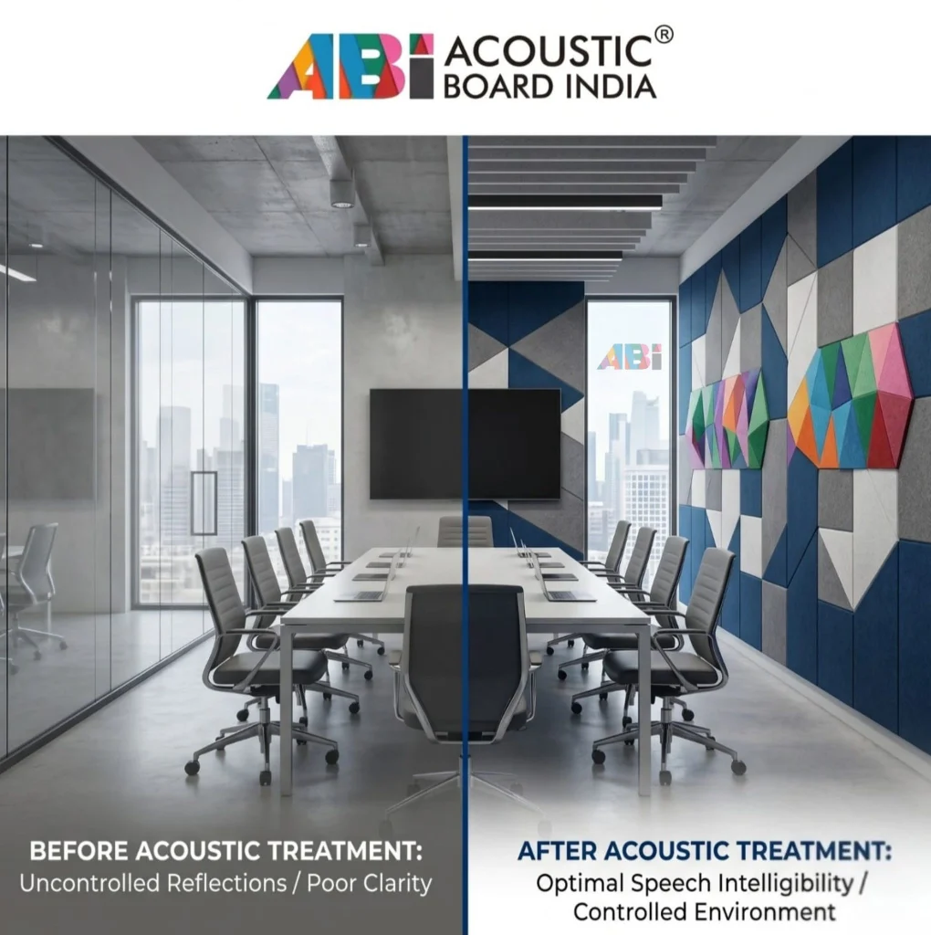 Meeting room acoustic treatment showing soundproofing panels improving speech clarity reducing echo and background noise in office