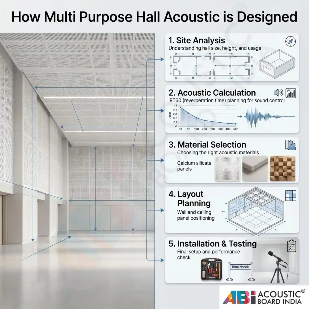 Step-by-step multi purpose hall acoustic design process showing site analysis, RT60 calculation, material selection, layout planning, and installation
