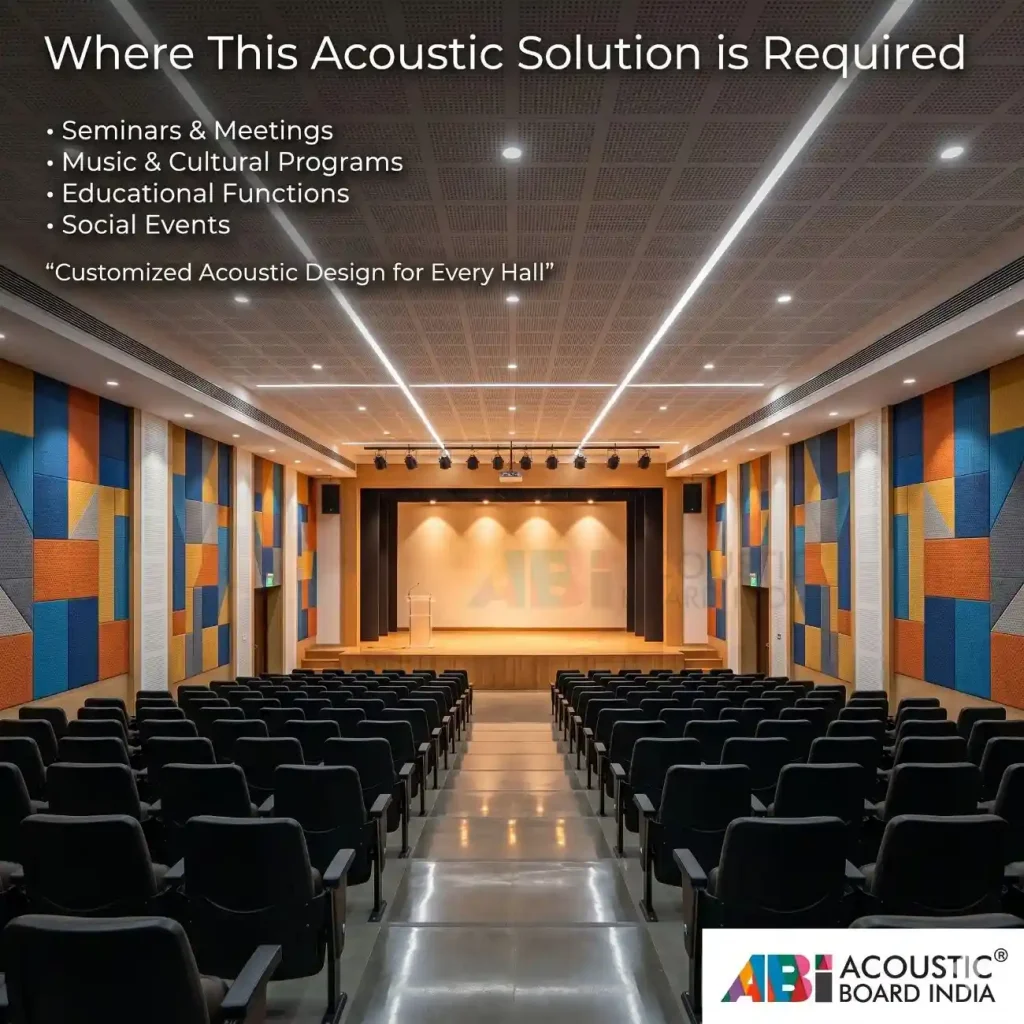 Photorealistic multi purpose hall with colorful acoustic wall panels and white perforated ceiling panels for sound control