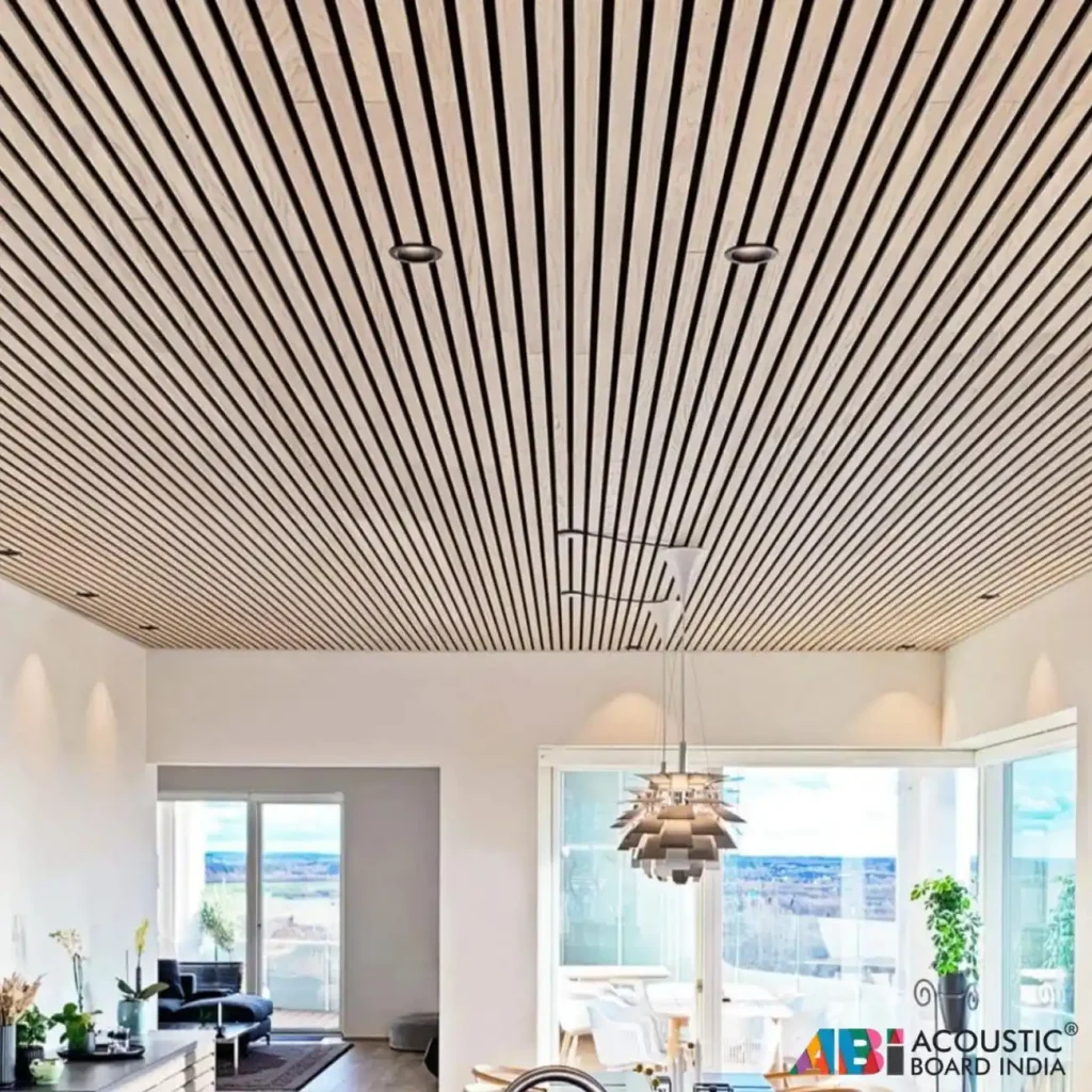 PET acoustic louver panels installed on wall and ceiling for sound absorbing and echo reduction in modern interiors