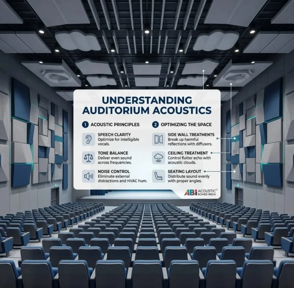 auditorium acoustic design showing sound control echo reduction and uniform sound distribution in theater and hall