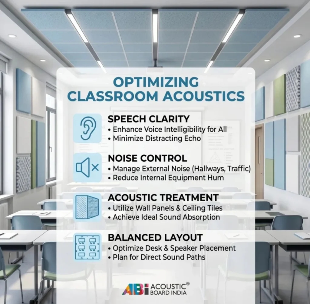 classroom acoustic design showing sound treatment panels improving speech clarity reducing echo and noise in school classroom
