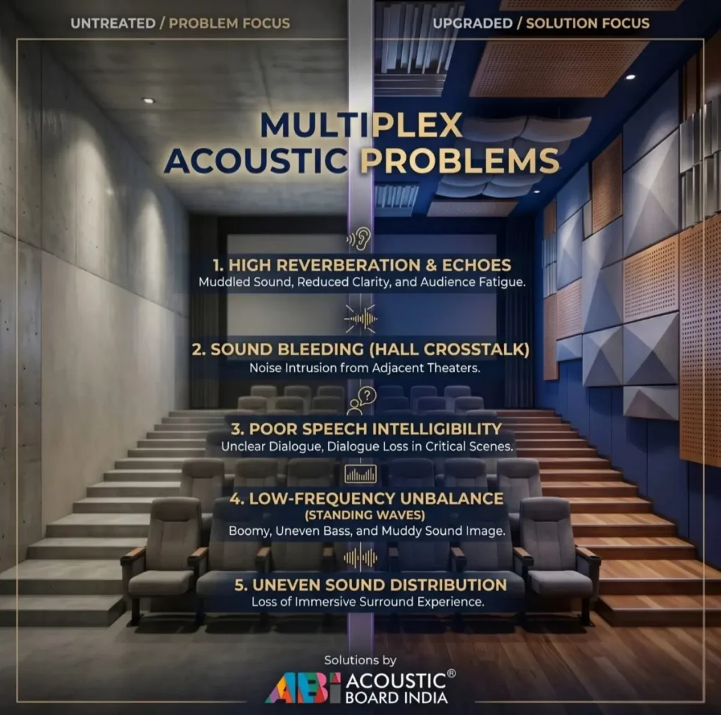 common acoustic problems in multiplex theaters including sound leakage poor dialogue clarity echo distortion and uneven sound distribution