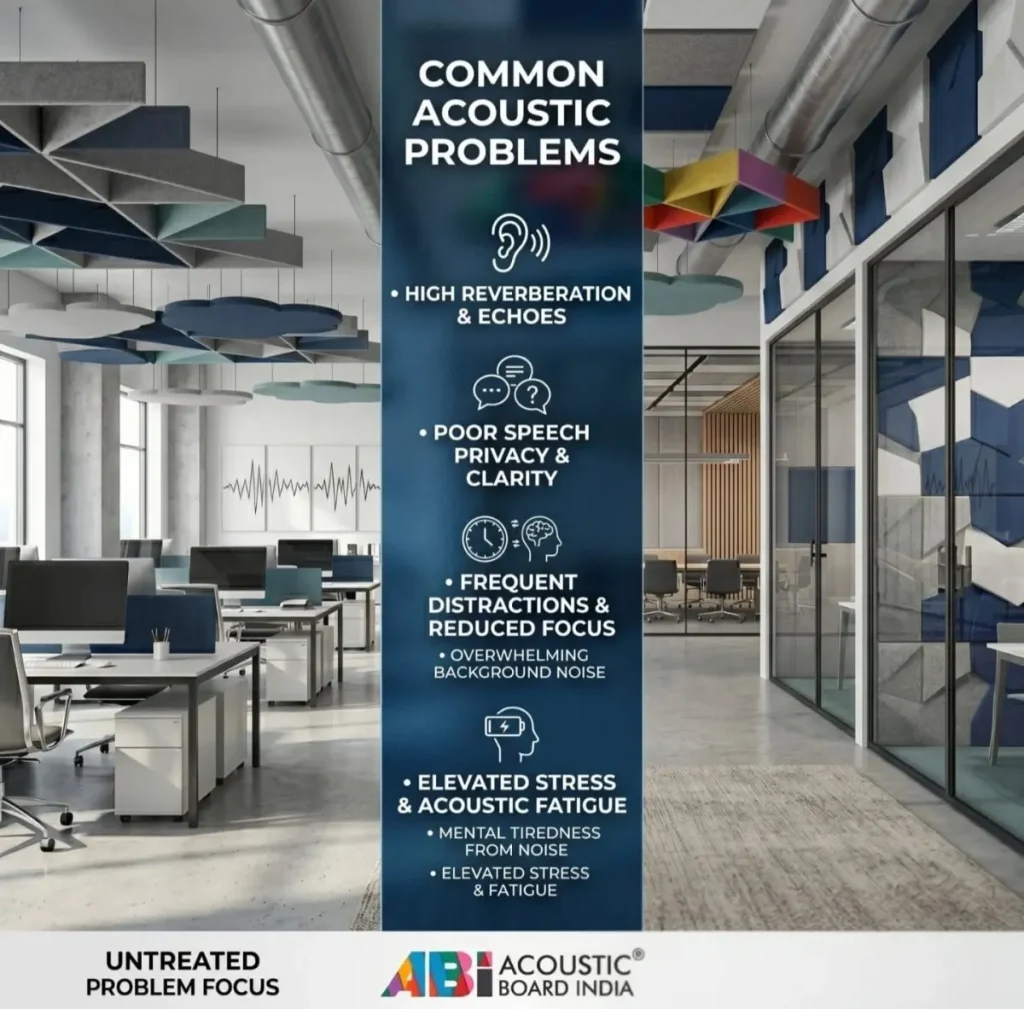 common acoustic problems in offices including high noise poor speech clarity echo and lack of privacy in workplace without acoustic treatment