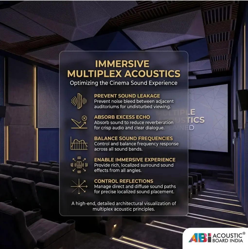 multiplex acoustic design in cinema hall with acoustic panels improving surround sound clarity and soundproofing between screens