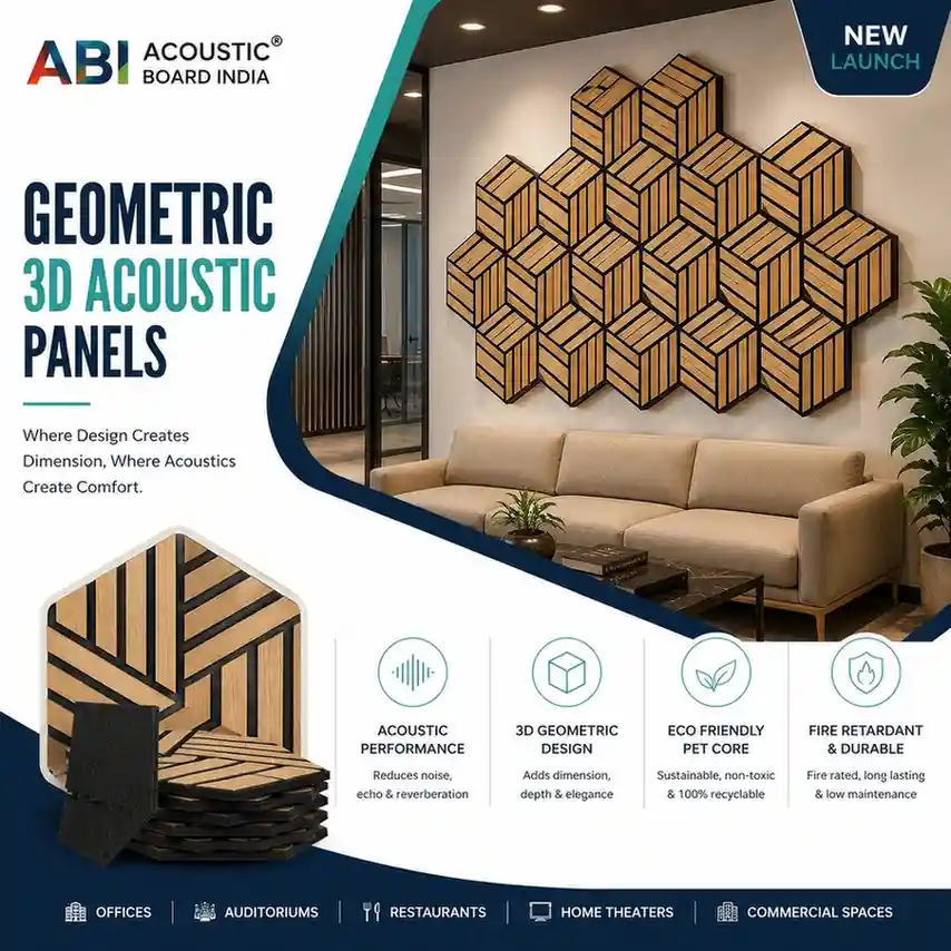 Geometric 3D Acoustic Panels installed on a modern office wall featuring decorative cube pattern design for sound absorption, noise reduction, and interior acoustic enhancement.