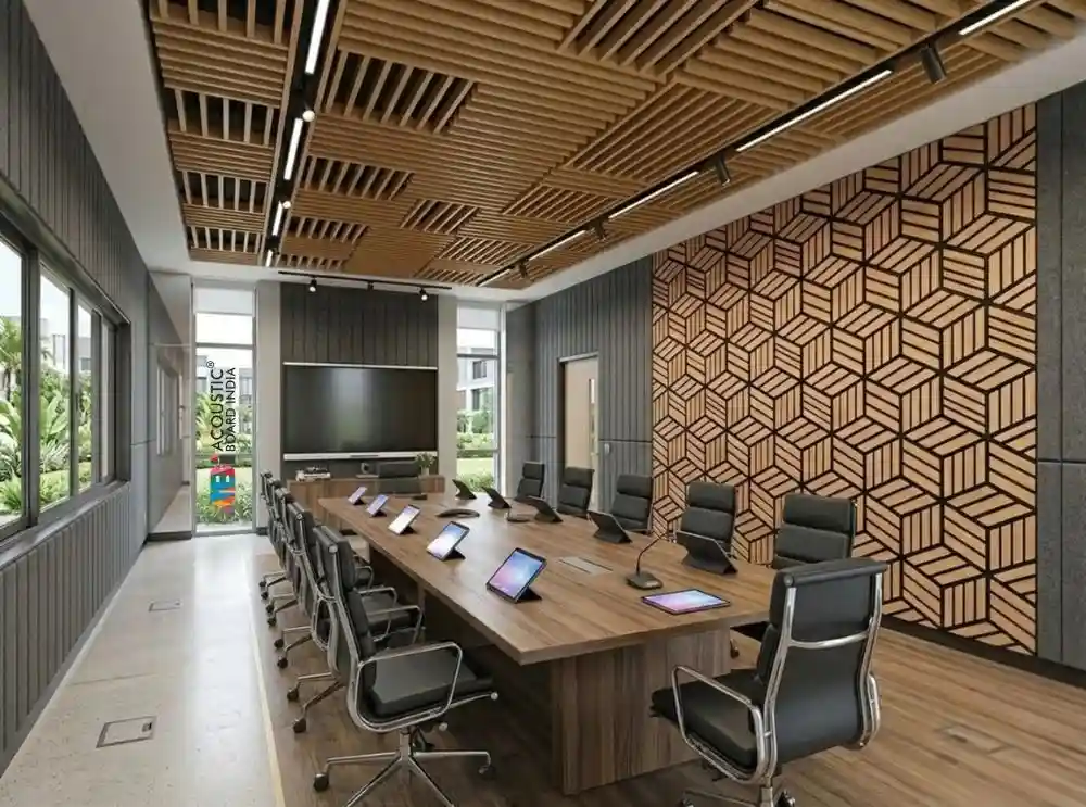 Meeting room with geometric 3D acoustic panels installed on walls for sound absorption and modern office interior design