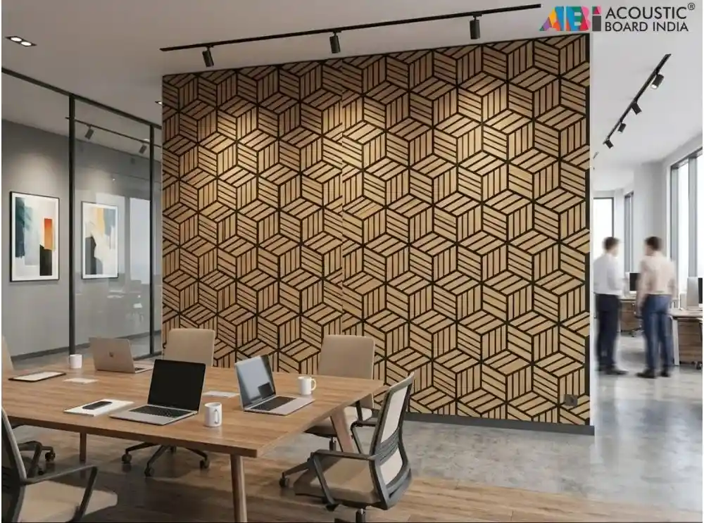 Office interior with geometric 3D acoustic panels installed on walls for sound absorption and modern workspace design