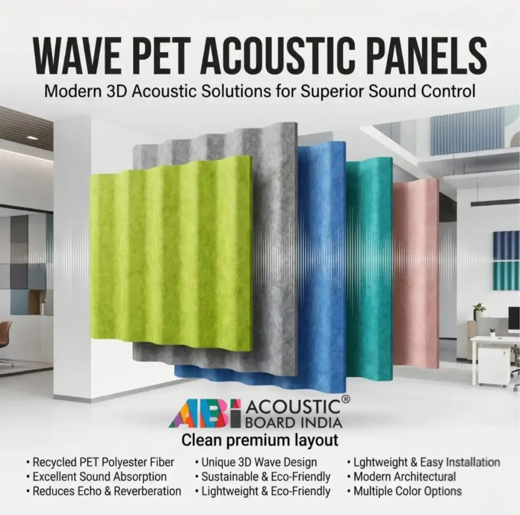 Wave PET Acoustic Panels made from recycled PET polyester fiber featuring colorful 3D corrugated wave design for acoustic wall and ceiling applications.