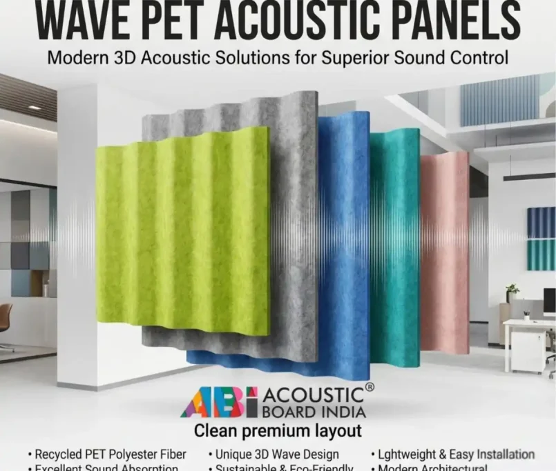 Wave PET Acoustic Panels made from recycled PET polyester fiber featuring colorful 3D corrugated wave design for acoustic wall and ceiling applications.