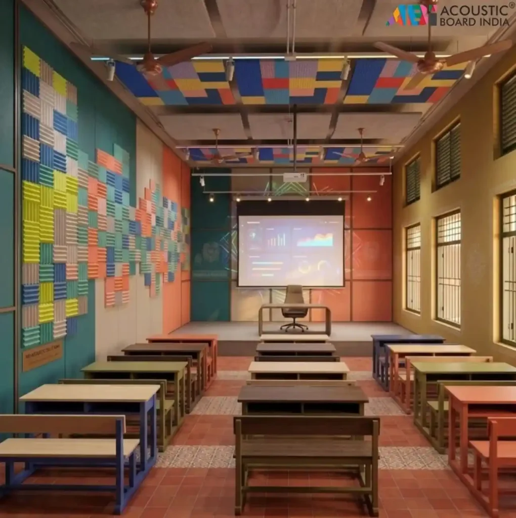 Wave PET Acoustic Panels installed on auditorium walls for improved sound absorption and modern interior design
