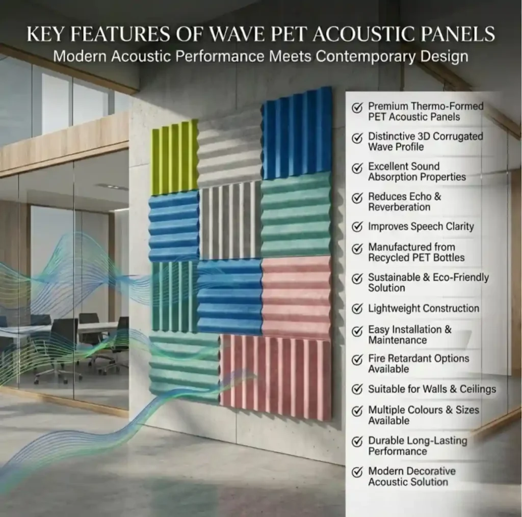 Colorful Wave PET Acoustic Panels installed on an office feature wall with 3D corrugated wave design for superior sound absorption and modern interior acoustics.