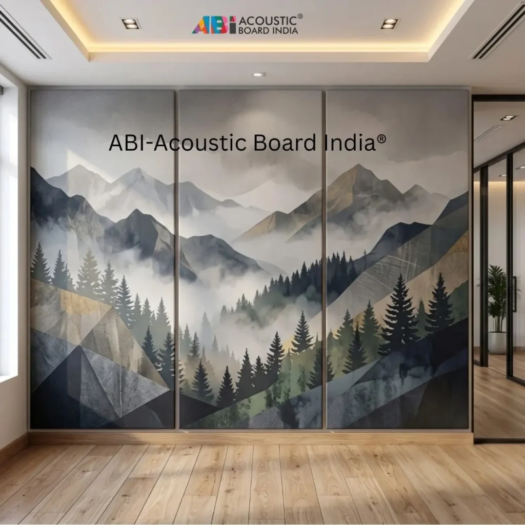 Printed Acoustic Panels with custom graphics installed on interior wall for sound absorption and decorative acoustic treatment.