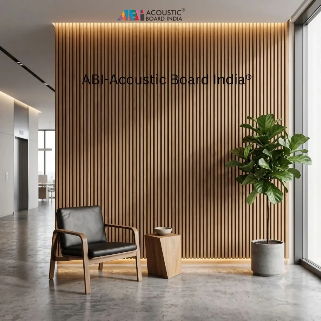 Wooden Acoustic Louvers installed on interior wall for sound absorption and modern architectural acoustic design.
