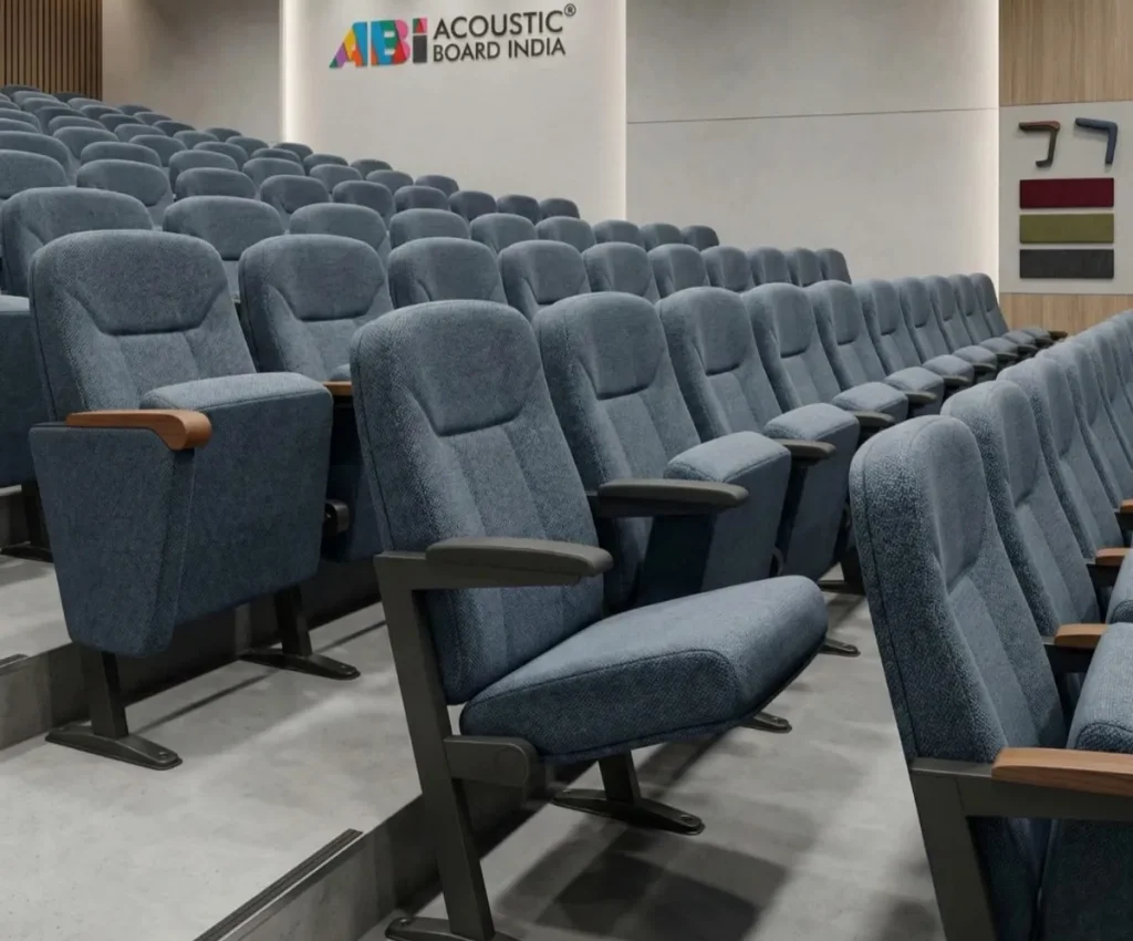 Ergonomic auditorium and stadium chairs with powder-coated steel frame, foldable seat mechanism, fire-retardant upholstery, and space-efficient seating design