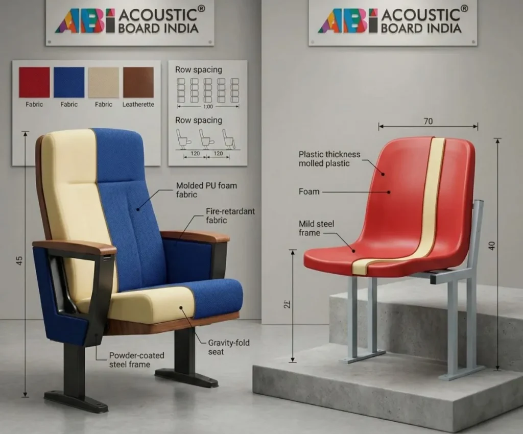 Auditorium and stadium chairs technical specifications showing steel frame, PU foam seating, foldable mechanism, upholstery options, and mounting types